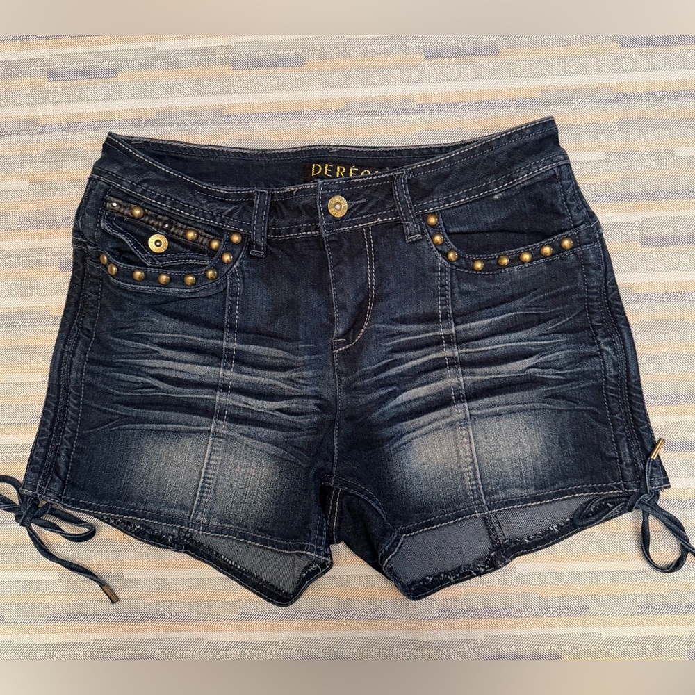 Deréon Studded Denim Shorts Size 7/8 Dark Wash Lace-Up Sides Y2K